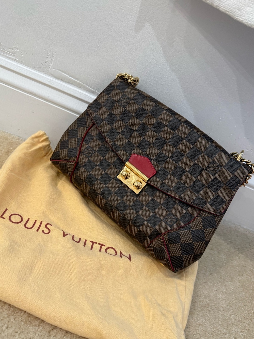 EUC! Louis Vuitton Damier Ebene Cassia Shoulder Bag with Red Trim